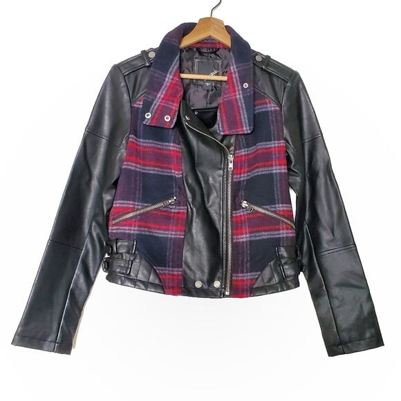 Collection B | Plaid and Vegan Leather Moto Jacket - Picture 1 of 9